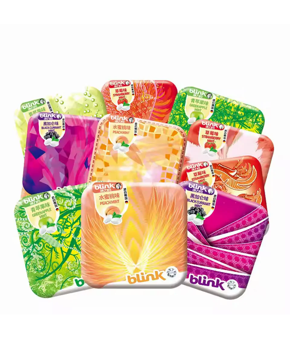 Blink Mints tins in assorted fruit flavours and colourful designs.