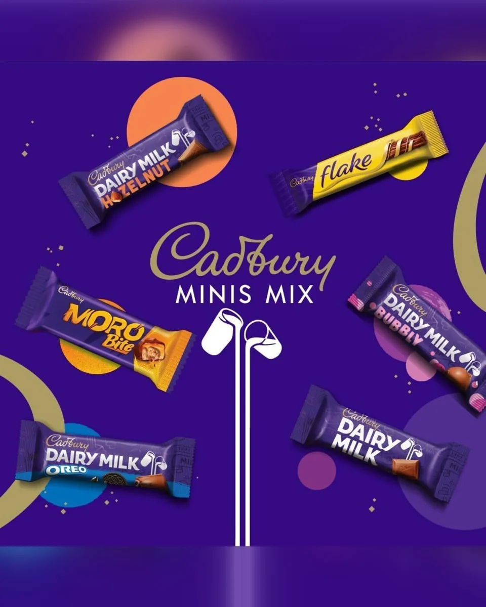 Cadbury Minis Mix assortment with Dairy Milk, Flake, Moro and Oreo bars.