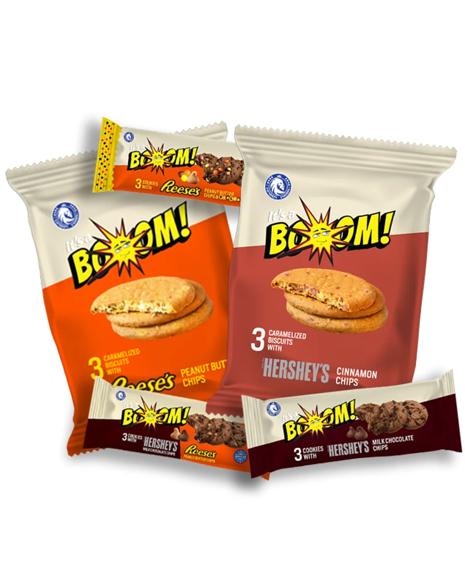 Reeses Its A Boom biscuit packs and bars made with Reese's and Hershey's chips.