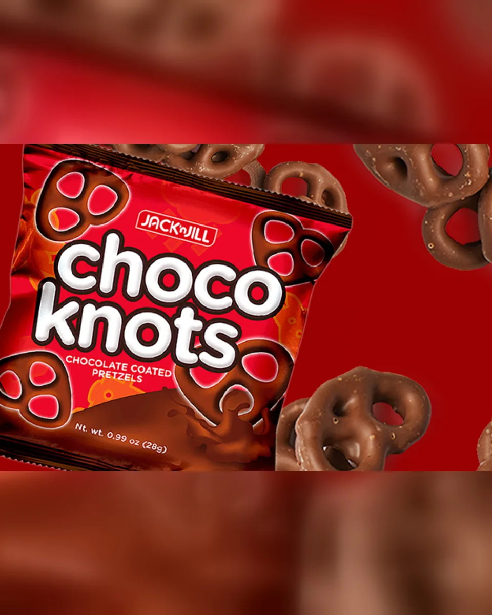Jack n Jill Choco Knots chocolate coated pretzels and product pack.