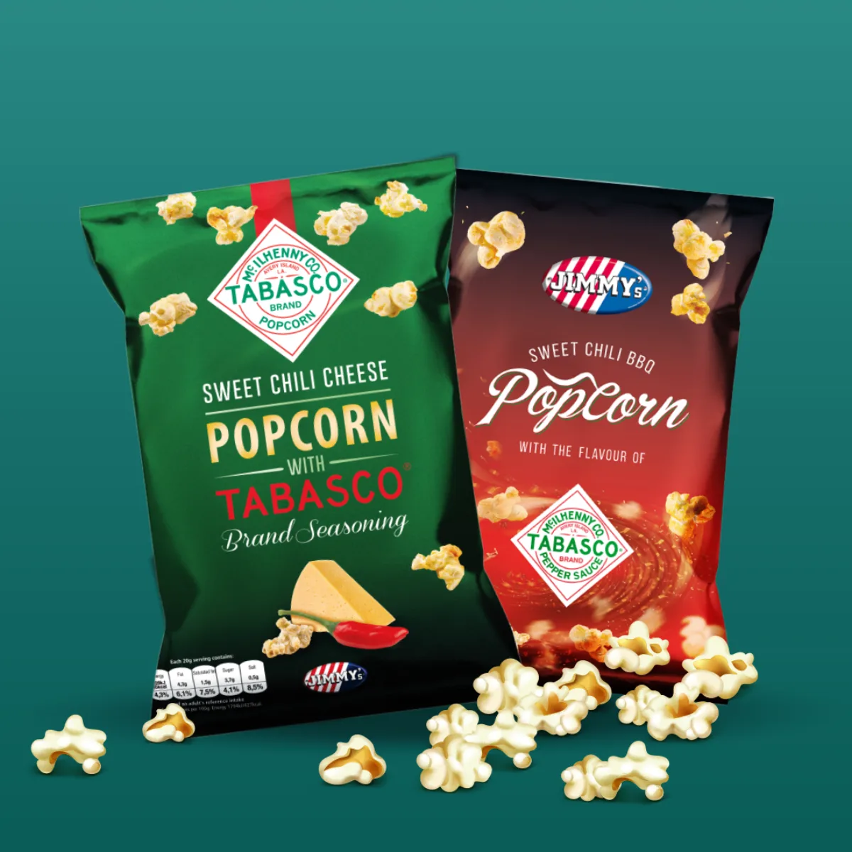 Jimmy's sweet chilli cheese and barbecue Tabasco popcorn bags.