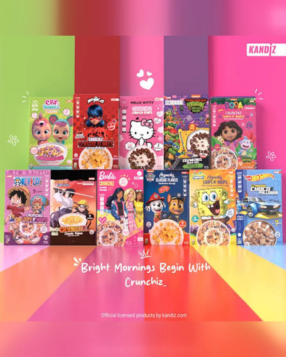 Kandiz Crunchiz licensed character cereal boxes in a colourful product lineup.