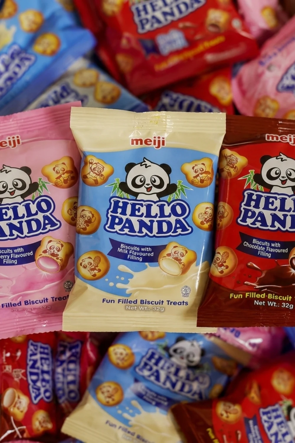 Hello Panda biscuit packs in strawberry, milk and chocolate flavours.