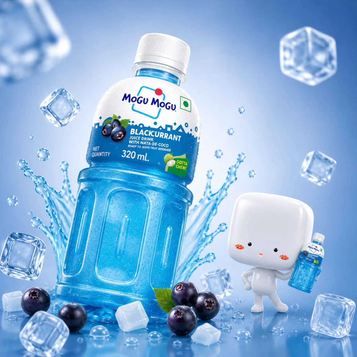 Mogu Mogu blackcurrant drink with nata de coco, ice cubes and blackcurrants.
