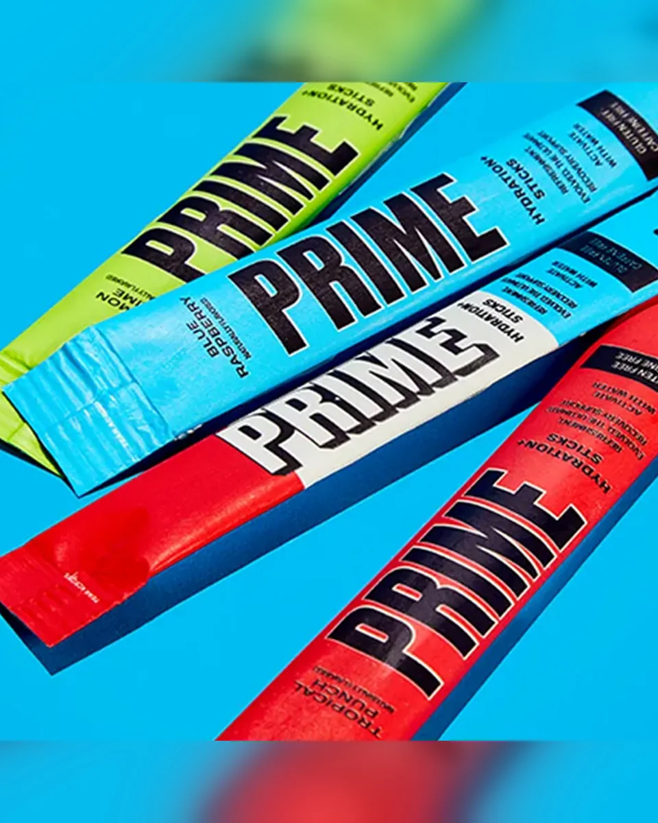 Prime hydration stick packs in assorted flavours.