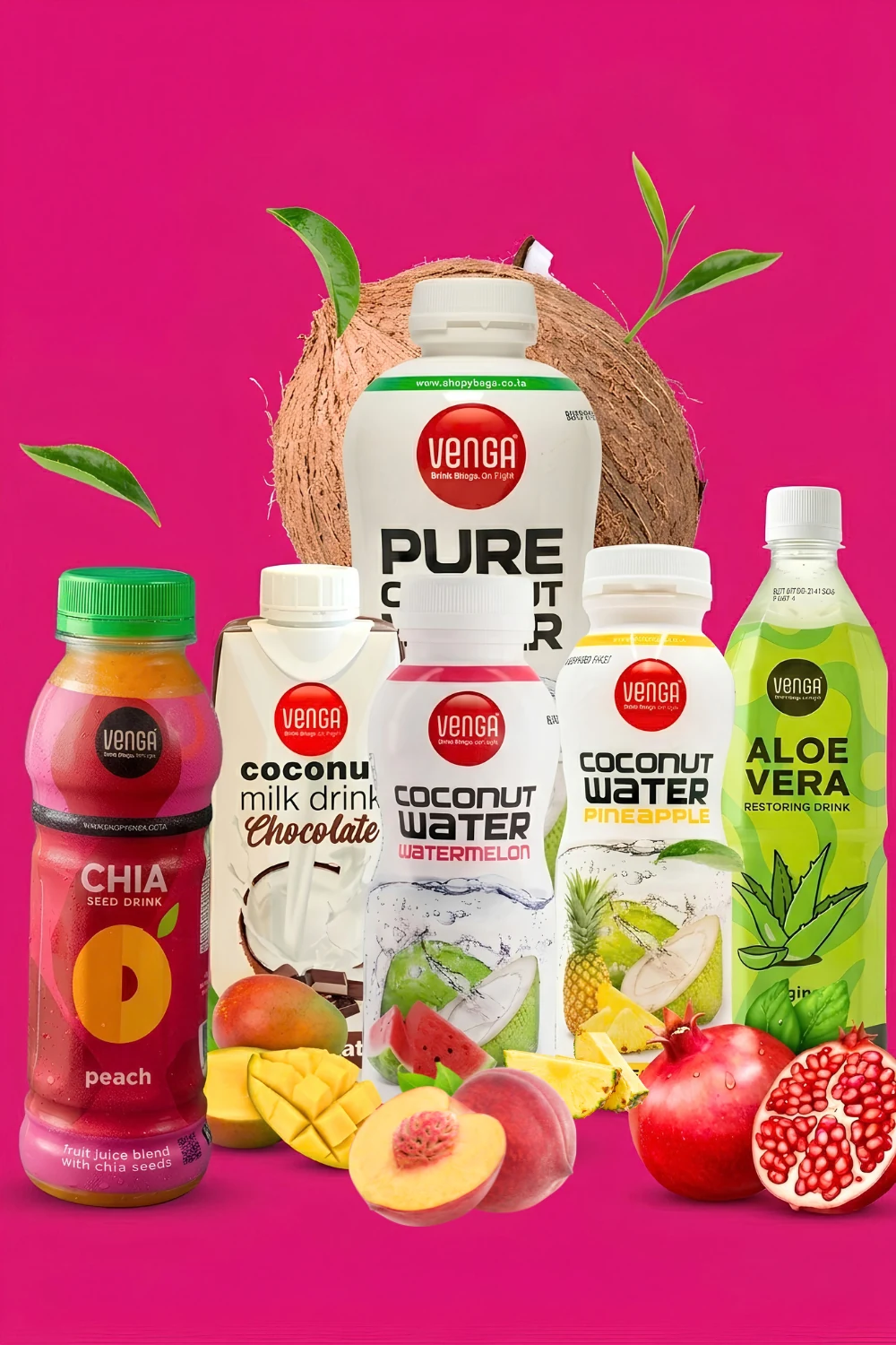 Venga coconut milk, coconut water, aloe vera and chia seed drinks in assorted flavours.